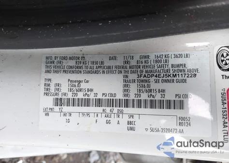 2019 Ford Fiesta Se из США, поврежденный, VIN 3FADP4EJ5KM117228